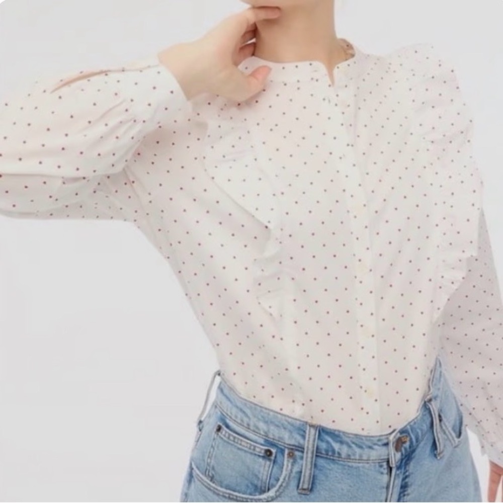 New J. Crew WOMEN'S Sz Medium white Heart Print Cotton Poplin Ruffle Top